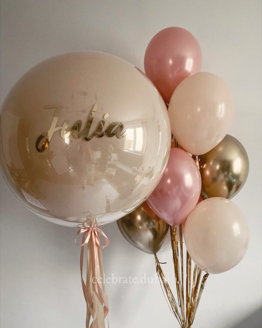 Customized Helium Balloon Bouquet: Personalized Bubble Balloon With Text With Pink, Golden And Beige Balloons