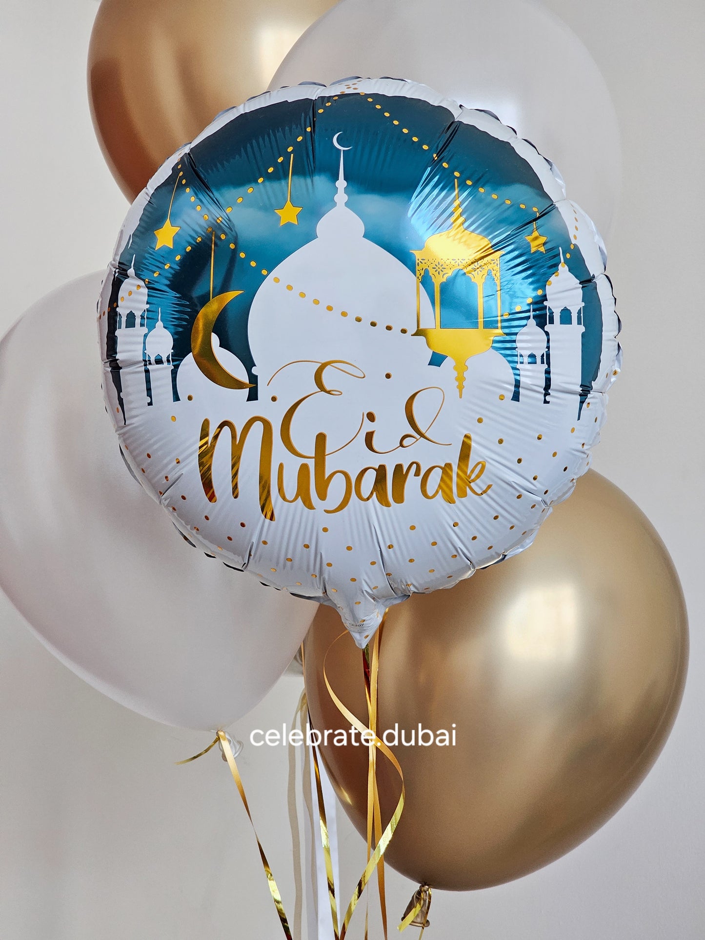 Eid Mubarak Helium Balloon Bouquet with Golden and Pearl Balloons