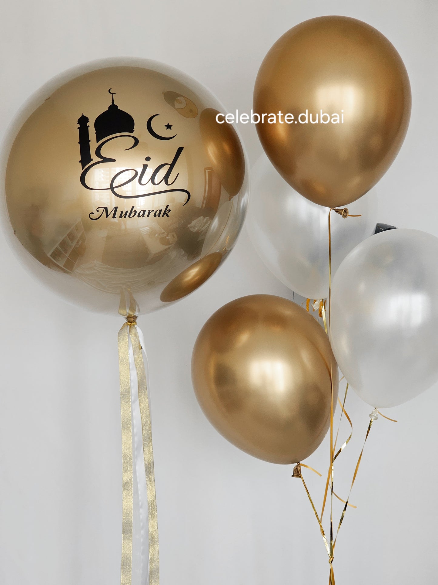 Eid Mubarak Helium Balloon Bouquet with Golden and Pearl Balloons