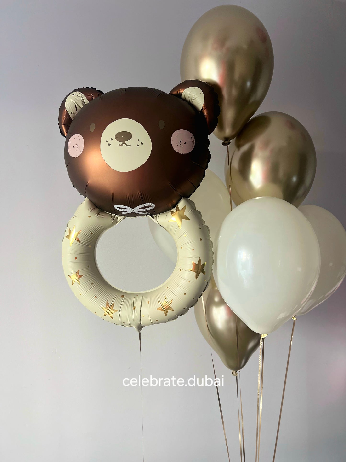 Newborn Helium Balloon Set: White and Golden Balloons Bunch with Bear Rattle Balloon