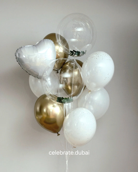 Elegant Helium Balloon Bouquet in White and Golden with Fresh Eucalyptus