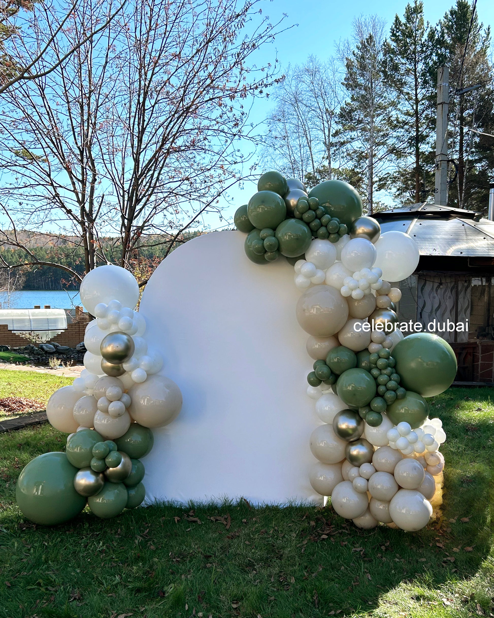 Balloon Garland Arch With Backdrop In White, Beige And Green 