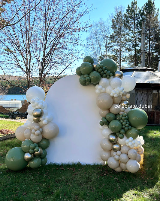Balloon Garland Arch With Backdrop In White, Beige And Green 