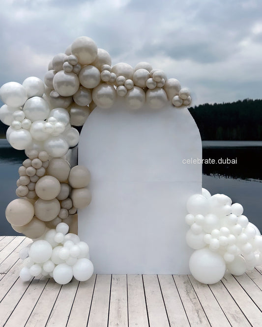 Balloon Garland Arch With Backdrop In White, Beige And Pearl 