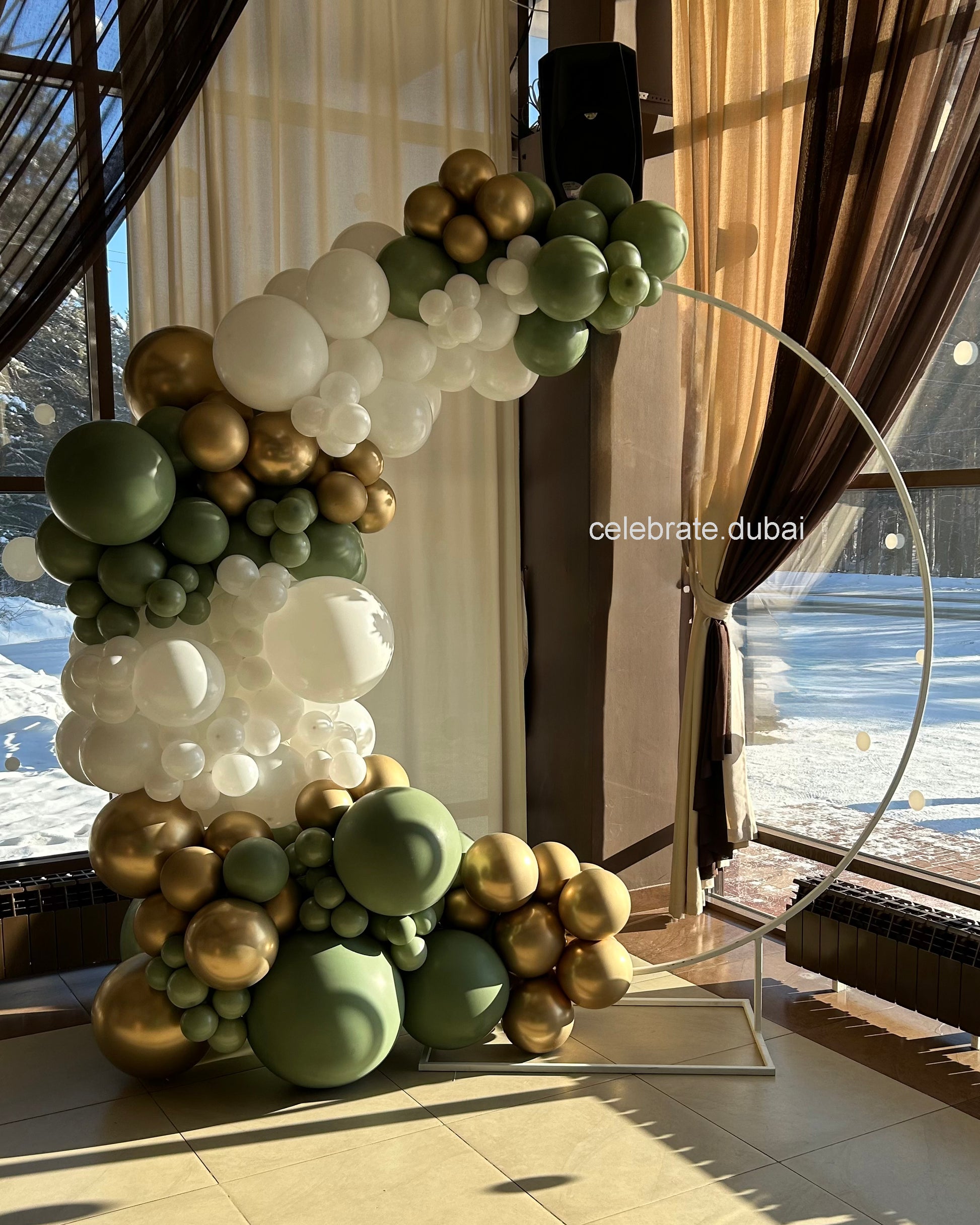 Balloon Garland On Metal Circle In White, Golden And Green 