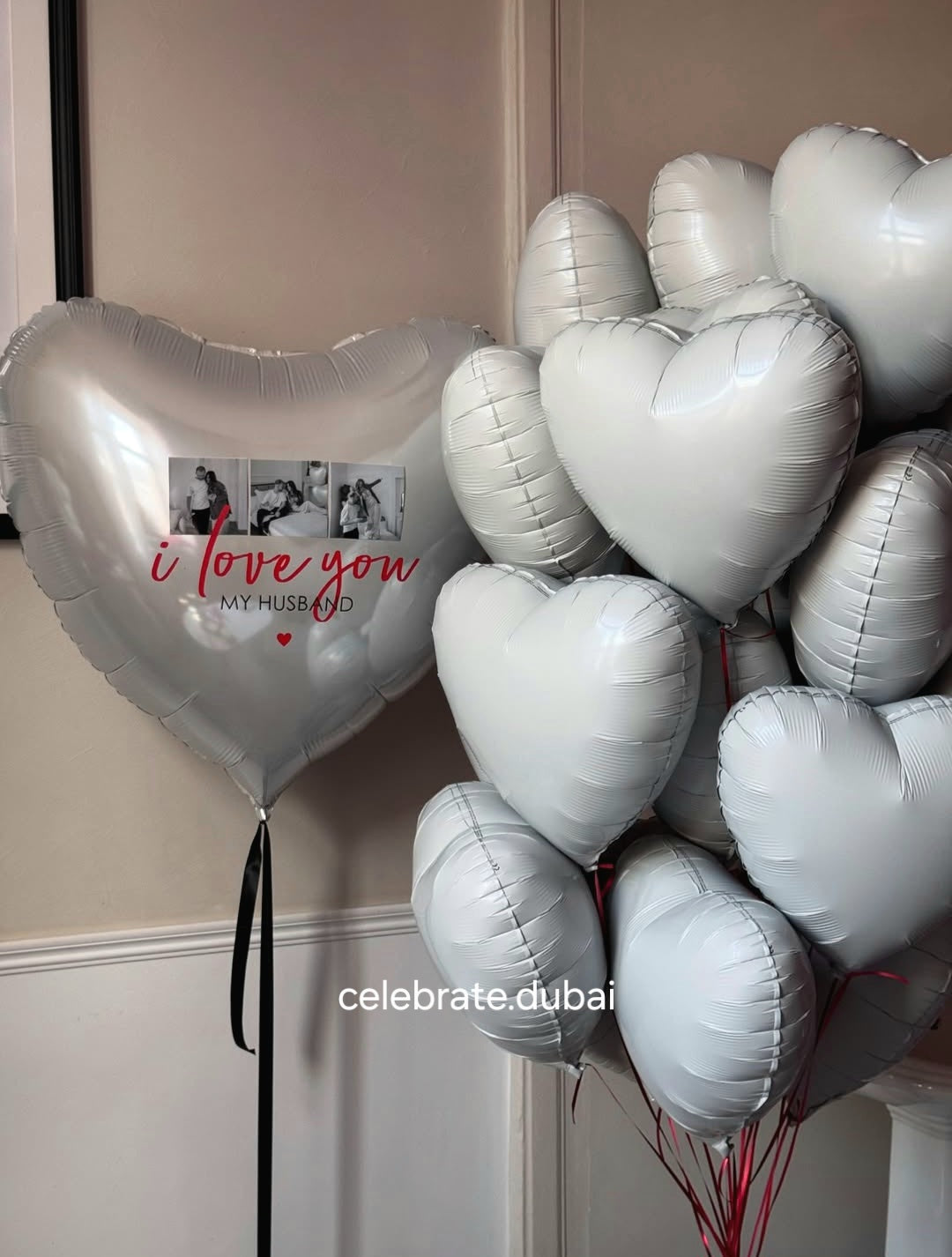 Big Heart Foil Balloon With Your Photo And Custom Text And 20 White Heart Balloons 