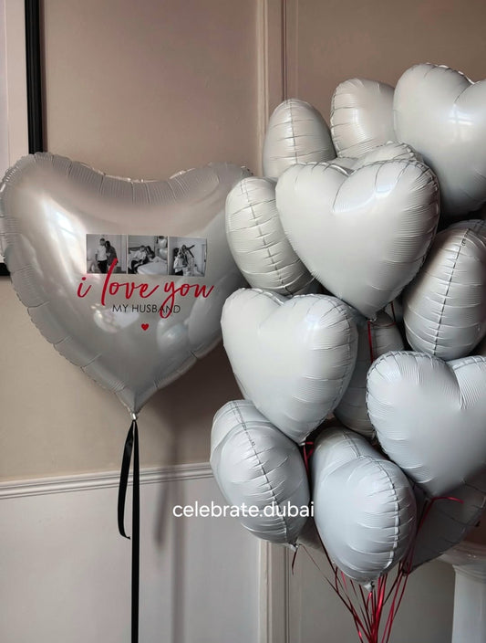 Big Heart Foil Balloon With Your Photo And Custom Text And 20 White Heart Balloons 