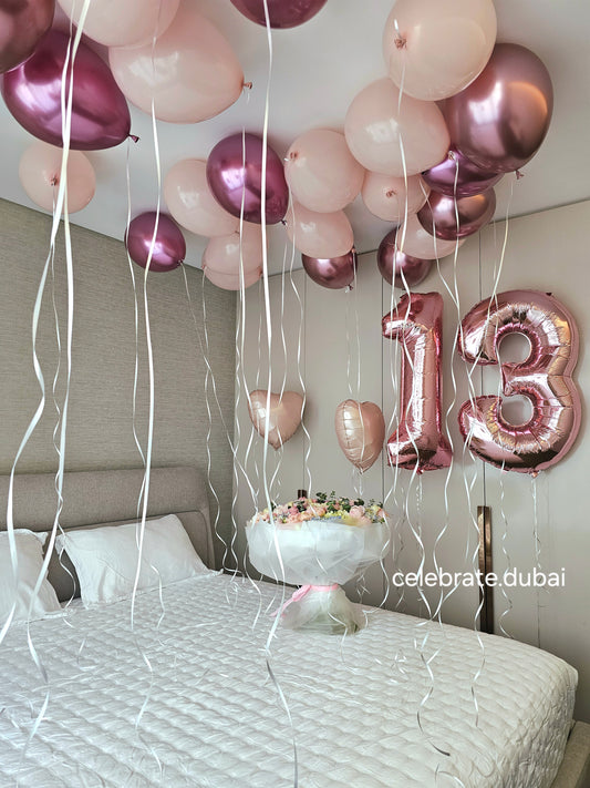 Birthday Room Decoration: Two Rose Gold Foil Number Balloons And Pink Ceiling Latex Balloons
