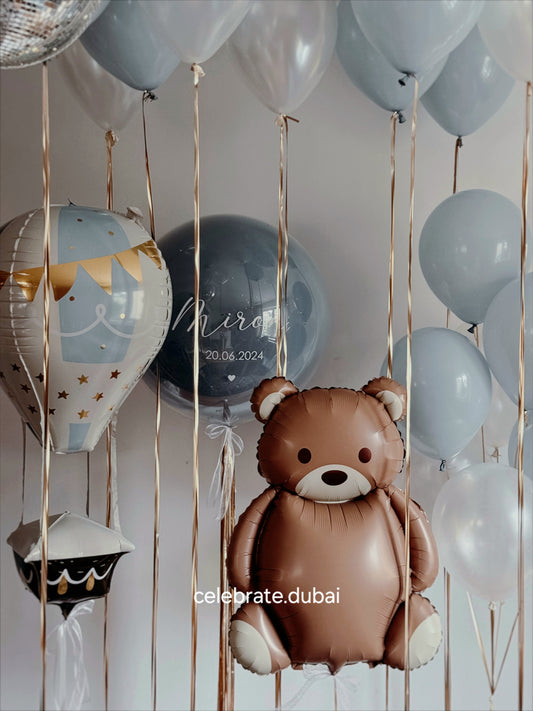 Customized Balloon Bouquet: Personalized Bubble Balloon With Bear Foil Balloon And White And Blue Latex Balloons