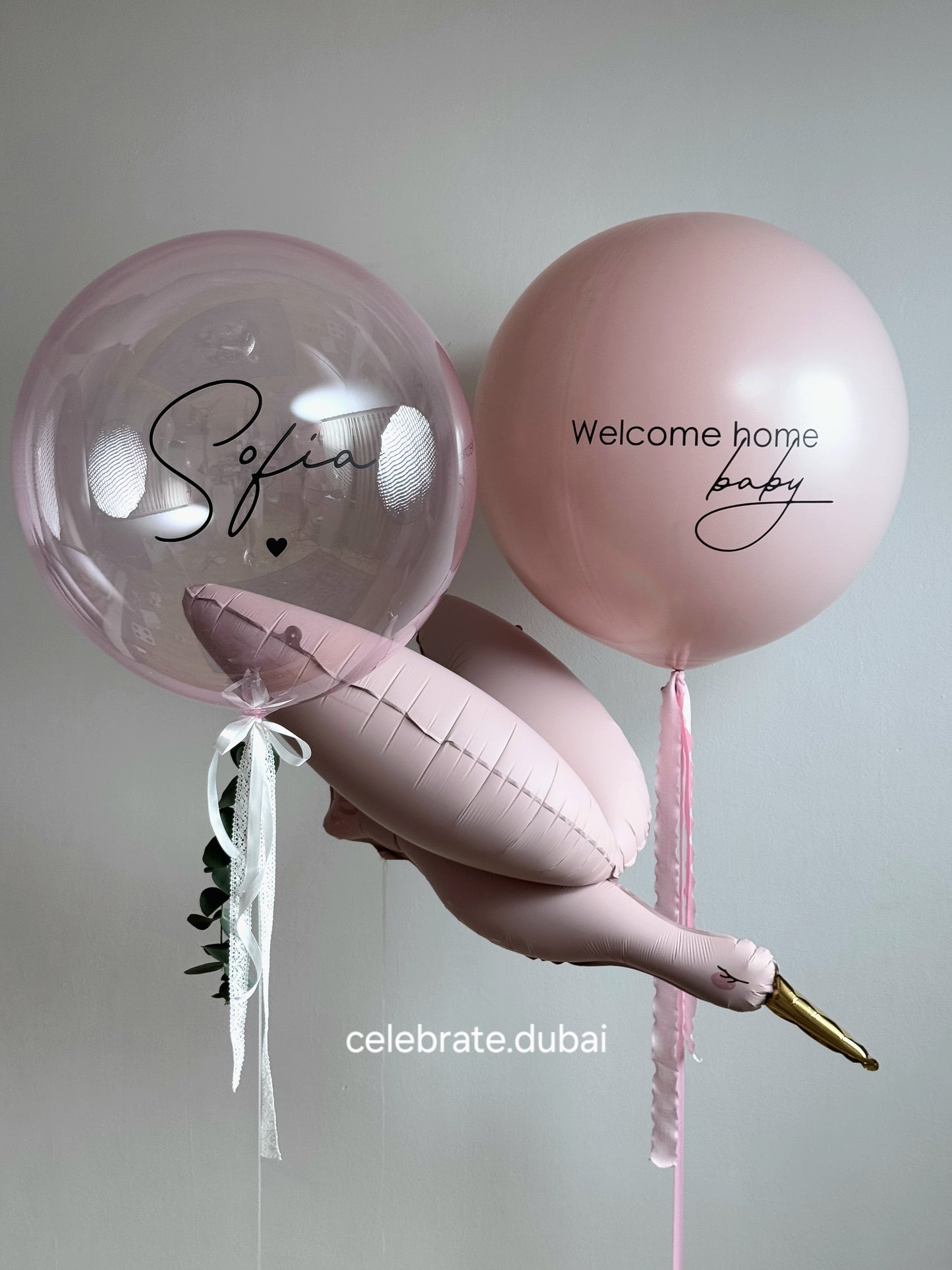 Customized Helium Balloon Bouquet: 2 Personalized Balloons With Text And Fresh Eucalyptus With Bird Balloon 