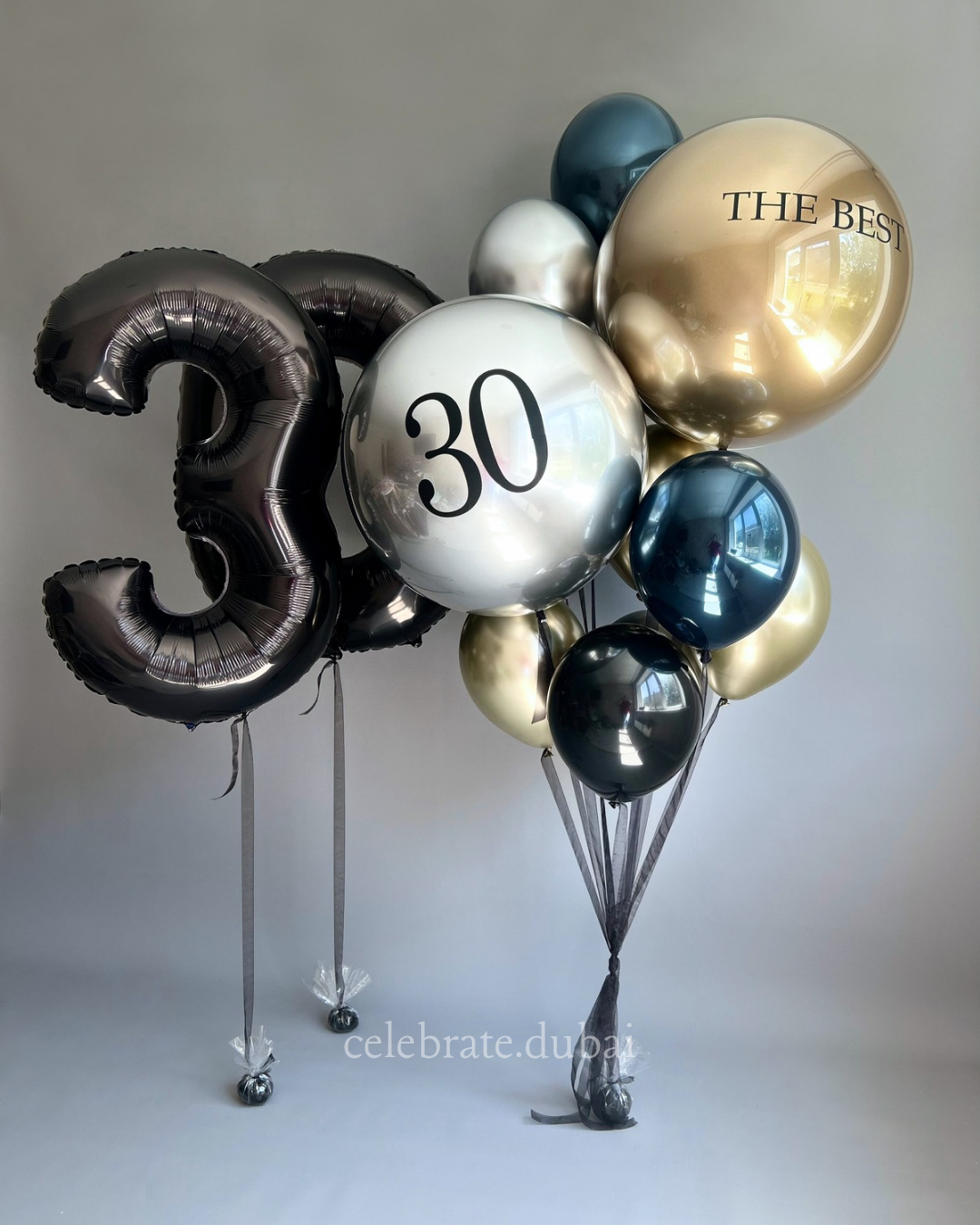 Customized Helium Balloon Bouquet: 2 Personalized Balloons With Text And Number Foil Balloons And A Mix Of Black, Golden, Blue And Silver Balloons