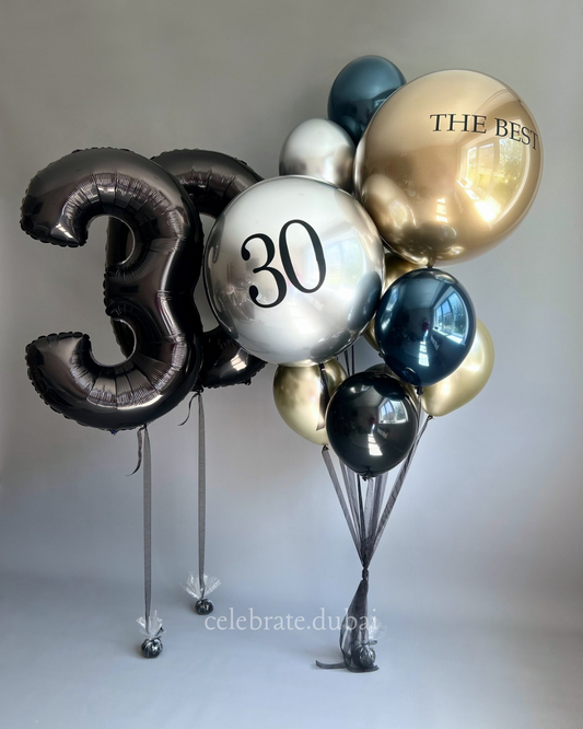 Customized Helium Balloon Bouquet: 2 Personalized Balloons With Text And Number Foil Balloons And A Mix Of Black, Golden, Blue And Silver Balloons