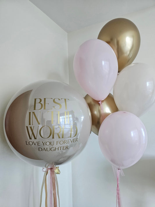 Customized Helium Balloon Bouquet: Personalized Balloon With Custom Text With Pink, Golden And Beige Balloons