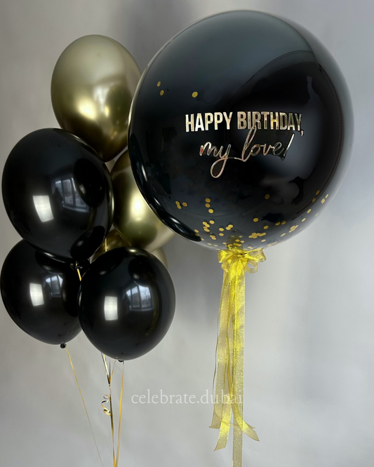Customized Helium Balloon Bouquet: Personalized Balloon With Text And A Mix Of Black and Golden Balloons