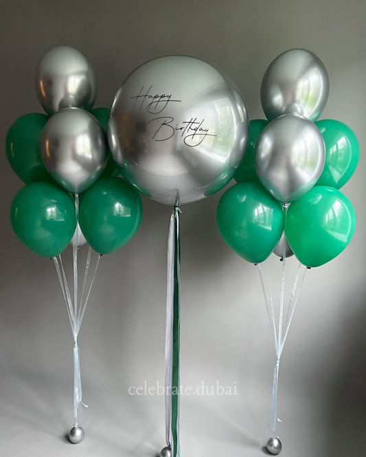 Customized Helium Balloon Bouquet: Personalized Balloon With Text And A Mix Of Silver And Green Balloons