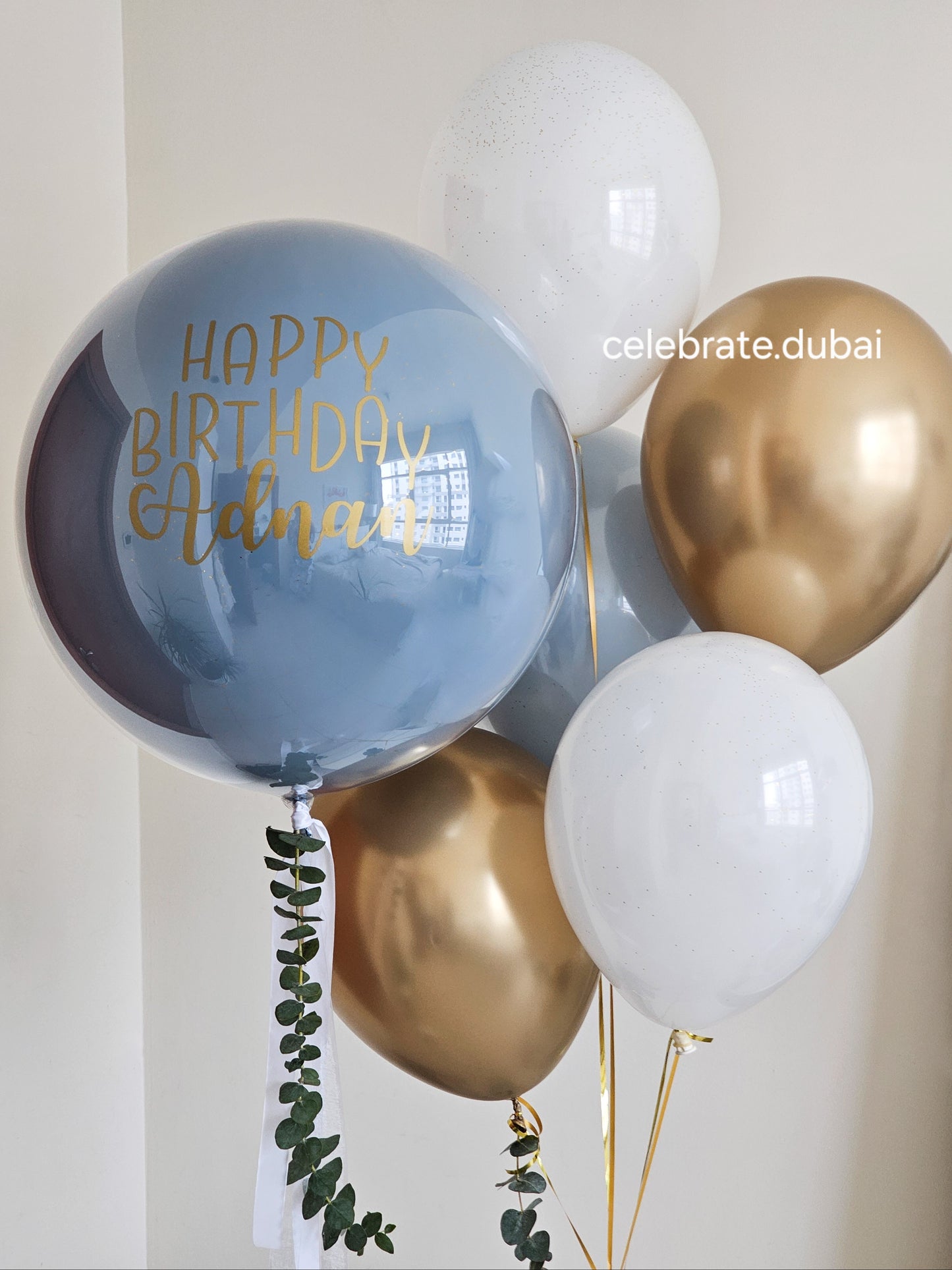 Customized Helium Balloon Bouquet: Personalized Balloon With Text And A Mix Of White, Blue and Golden Balloons