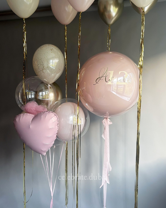 Customized Helium Balloon Bouquet: Personalized Balloon With Text And Pink And Beige Balloons