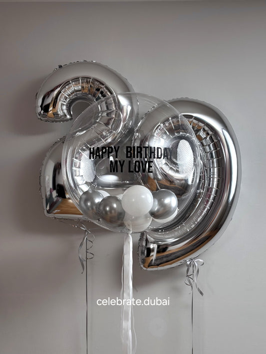 Customized Helium Balloon Bouquet: Personalized Balloon With Text And Small Balloons Inside And Number Foil Balloons