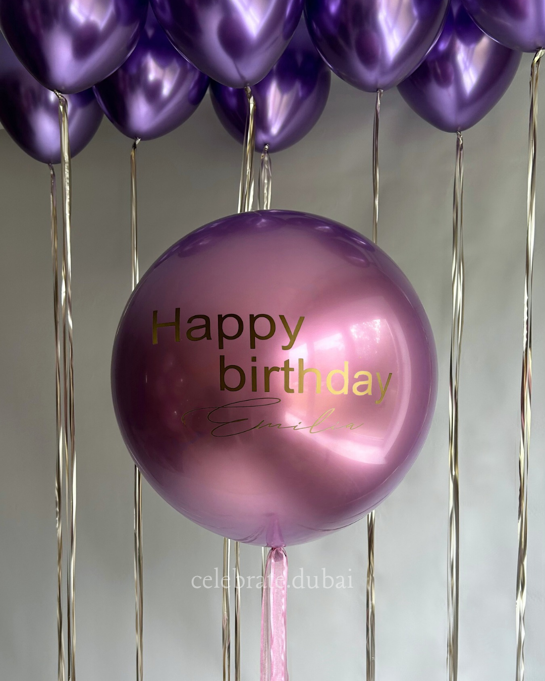 Customized Helium Balloon Bouquet: Personalized Bubble Balloon With Text And Purple Chrome Balloons