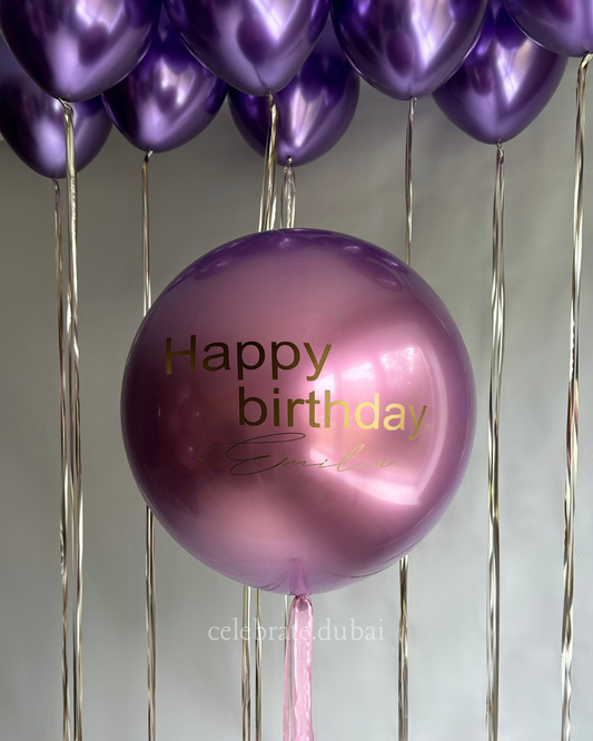 Customized Helium Balloon Bouquet: Personalized Bubble Balloon With Text And Purple Chrome Balloons