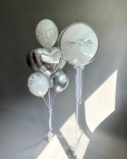 Customized Helium Balloon Bouquet: Personalized Bubble Balloon With Text And White And Silver Balloons