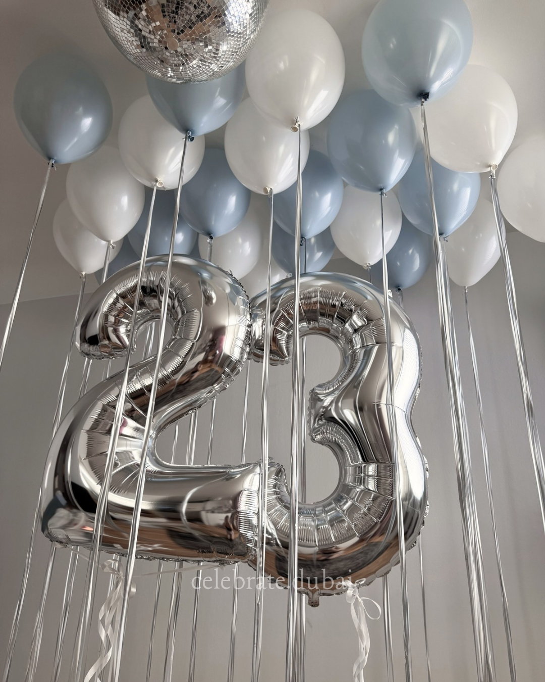 Foil Number Helium Balloon Bouquet With Blue And White Ceiling Balloons