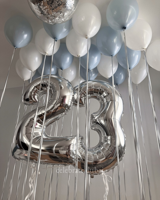 Foil Number Helium Balloon Bouquet With Blue And White Ceiling Balloons