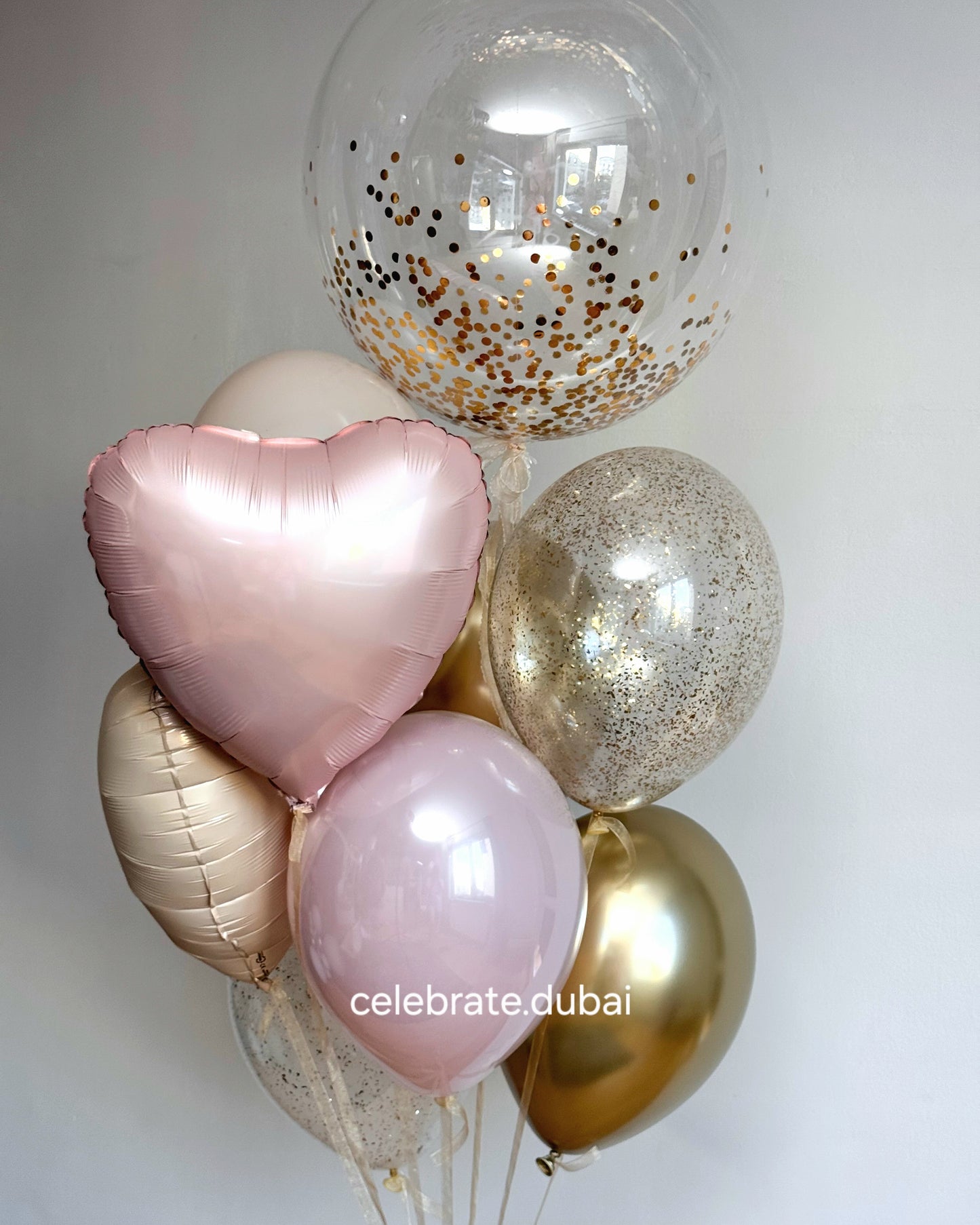 Girls Helium Balloon Bouquet: A Mix of Beige, Pink And Golden Balloons With Foil Heart Balloons