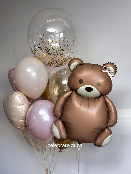 Girls_Helium_Balloon_Bouquet_Foil_Bear_Balloon_with_Pink_and_Beige_Balloons