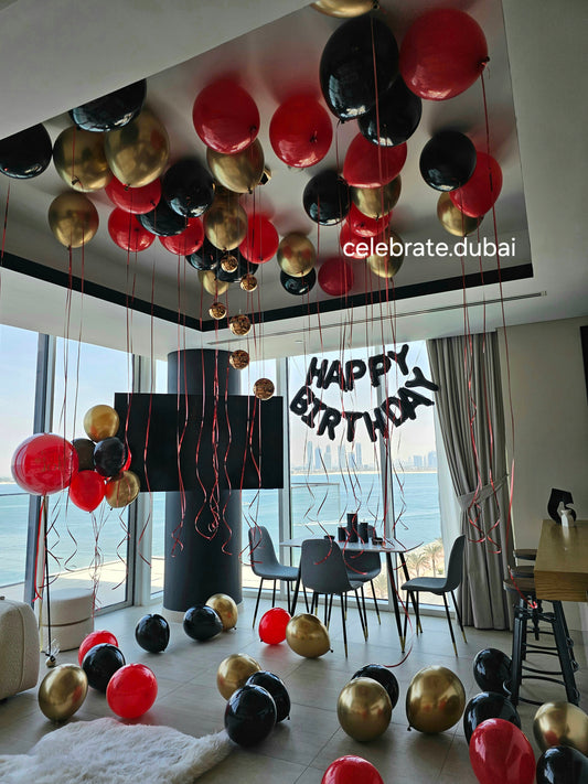 Happy Birthday Room Decoration: 35 Ceiling Helium Balloons, Customized Balloon With Text, Happy Birthday Balloon Banner, 25 Floor Balloons