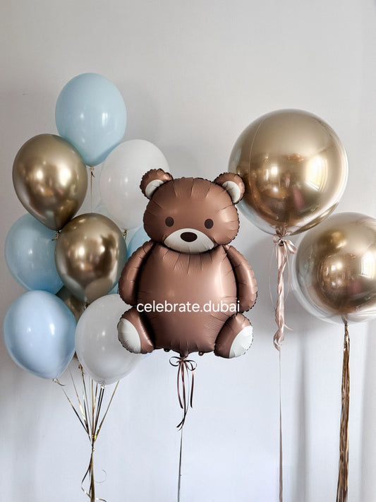 Helium Balloon Bouquet: Foil Bear with Blue, White and Golden Latex and Bubble Balloons