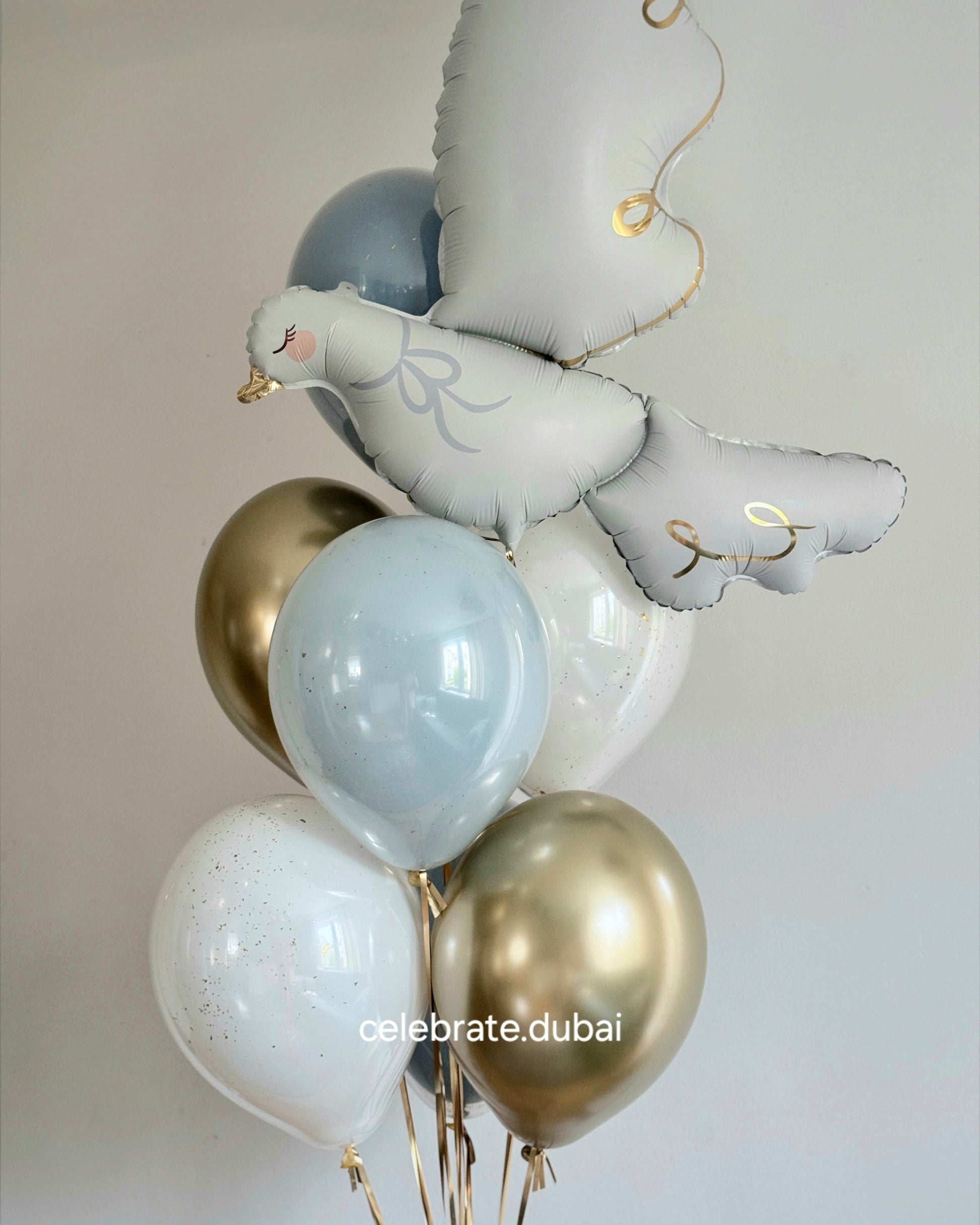 Helium Balloon Bouquet: Foil Dove Balloon with Blue, White and Golden Balloons