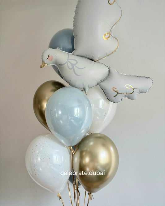 Helium Balloon Bouquet: Foil Dove Balloon with Blue, White and Golden Balloons