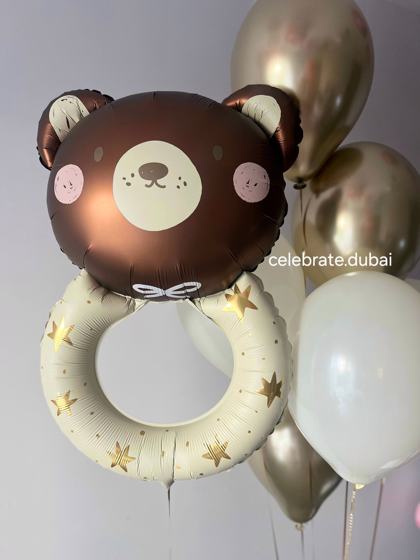 Newborn Helium Balloon Set: White and Golden Balloons Bunch with Bear Rattle Balloon