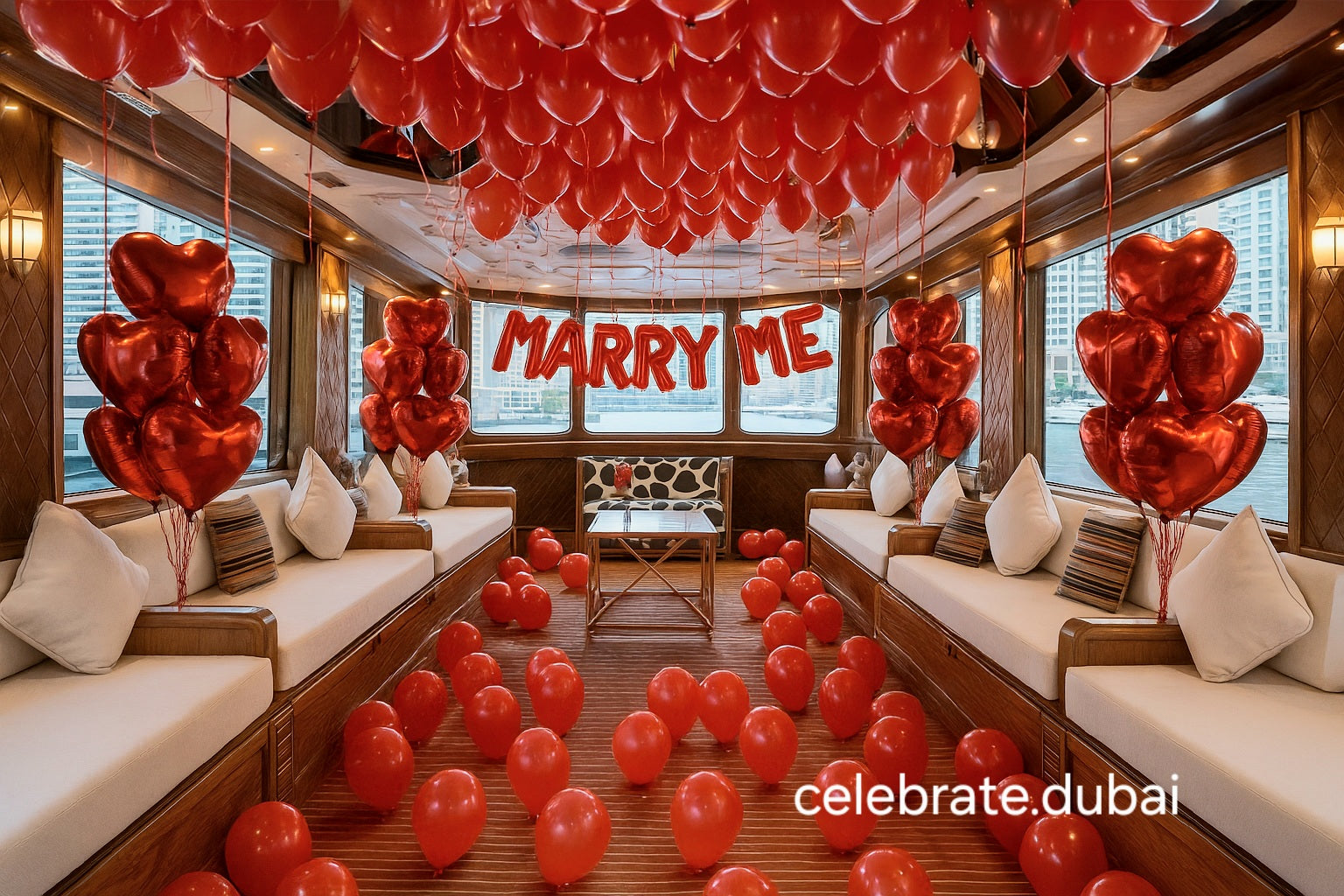 Romantic And Proposal Room Decoration Package: Helium Ceiling Balloons, Red Foil Heart Balloons, Floor Latex Balloons And Marry Me Balloon Banner