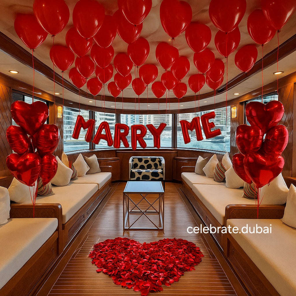 Romantic And Proposal Room Decoration Package: Helium Ceiling Balloons, Red Foil Heart Balloons, Marry Me Balloon Banner, And Rose Petals